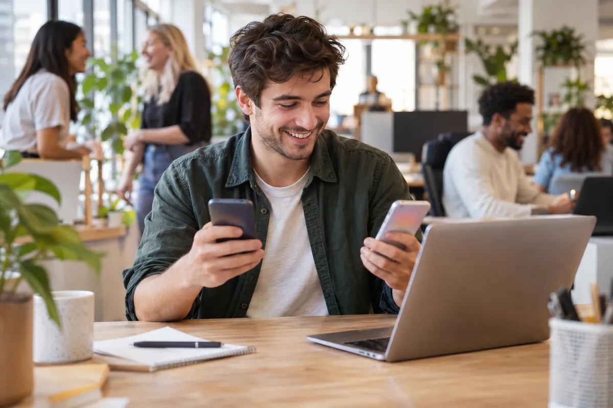 Photo: a man sits smiling at a desk in a bright open-plan office and tests an app on two smartphones