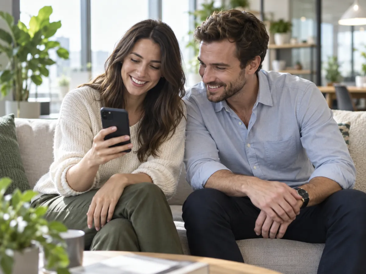 Foto: Eine Frau und ein Mann sitzen auf einem Sofa in einem hellen Büro, die Frau hält ein Smartphone, beide lächeln