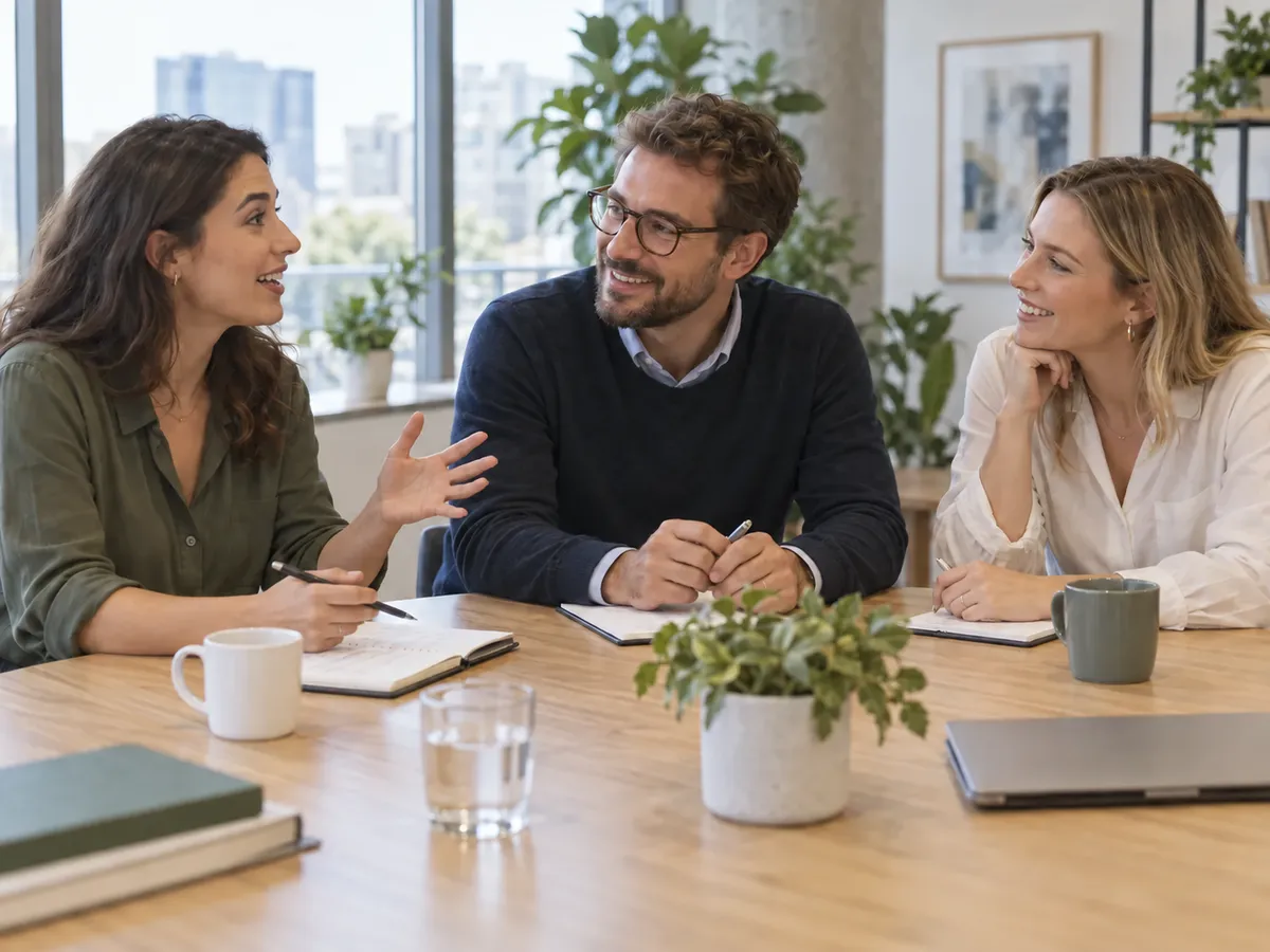 Photo: three colleagues sit at a bright meeting table; a woman with a notebook explains something while a man with glasses and another colleague listen and smile